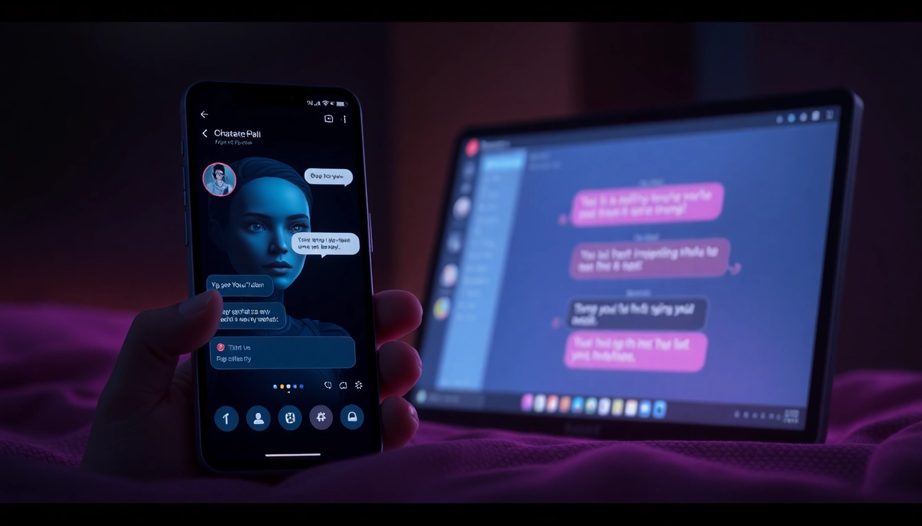 An illustration of a smartphone and desktop with chat interfaces featuring attractive AI characters, glowing dialogue bubbles, and a dark, intimate background.