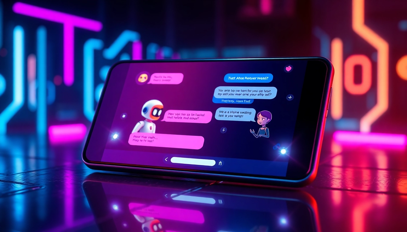 Futuristic AI chatbot interface on a digital device with neon cyberpunk background and animated characters.