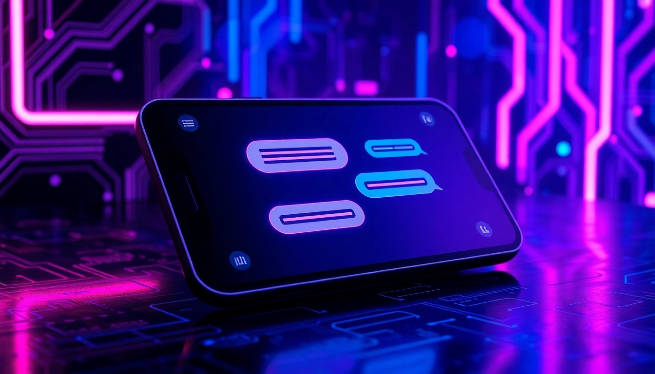 Futuristic AI chatbot interface with neon lights and digital textures on a sleek device screen.