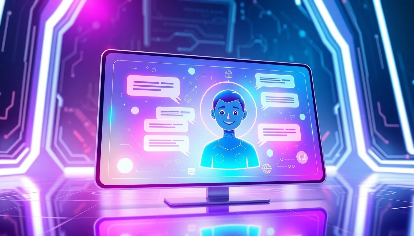 Futuristic AI chatbot interface with a customizable character in a high-tech environment