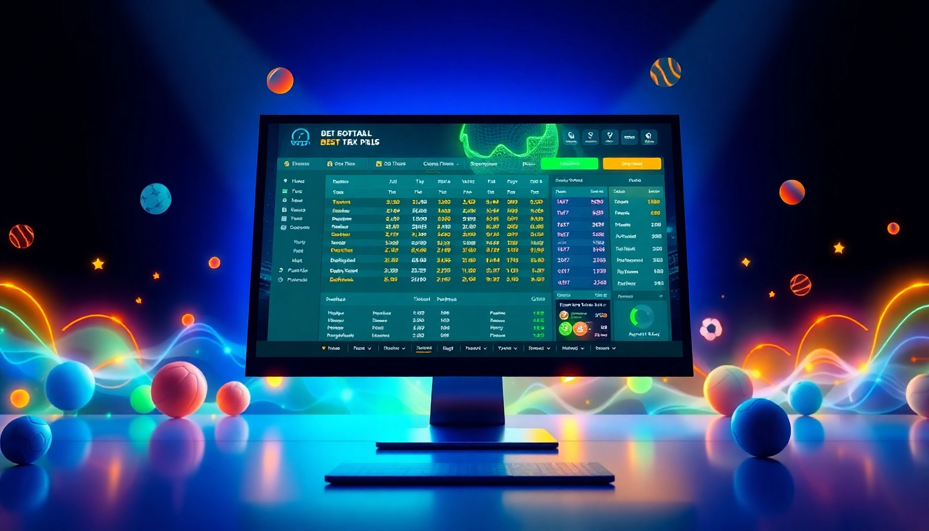 Illustration of an online sports betting platform on a computer screen with sports icons and vibrant neon accents.