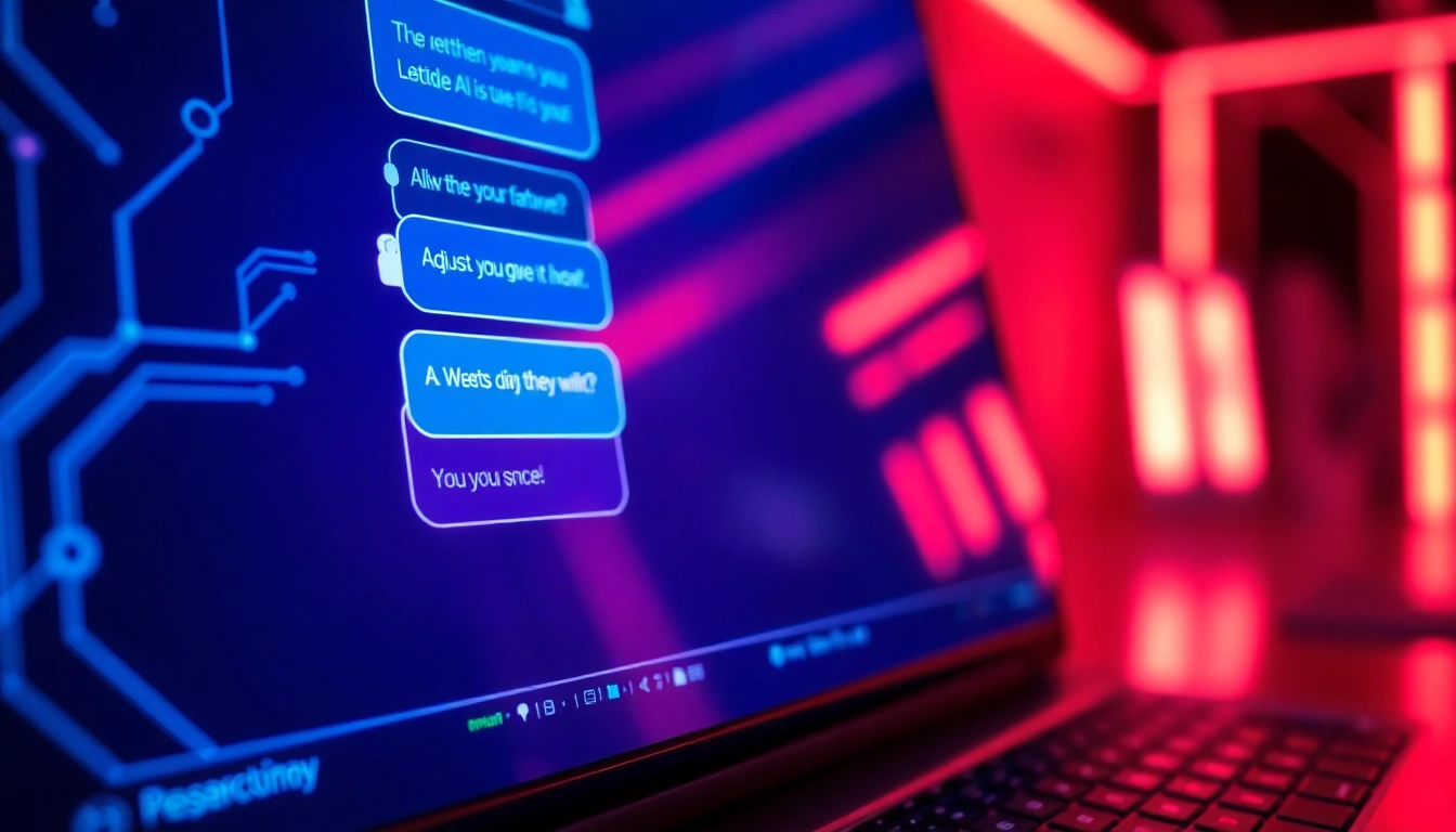 Close-up of a neon-lit AI chatbot interface on a high-tech screen, glowing text bubbles, and abstract digital background.