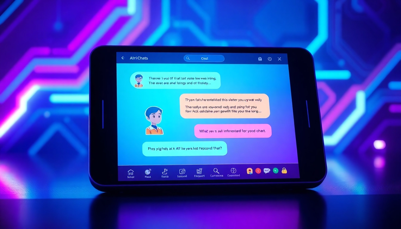 Futuristic digital chat interface with AI characters engaging in conversation, glowing neon accents, and sleek design elements.