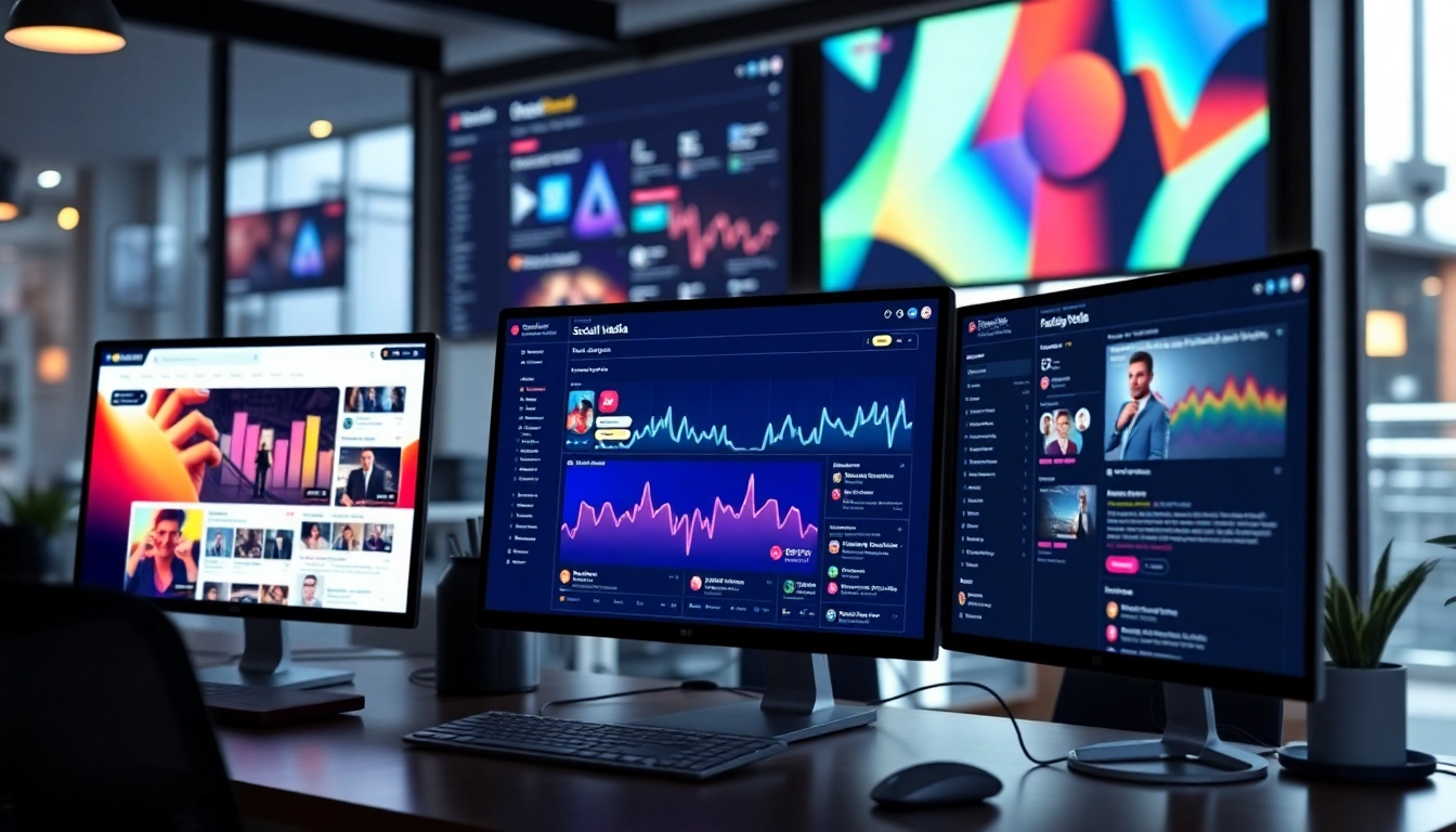 Professionals analyzing social media industry news updates on digital screens for market